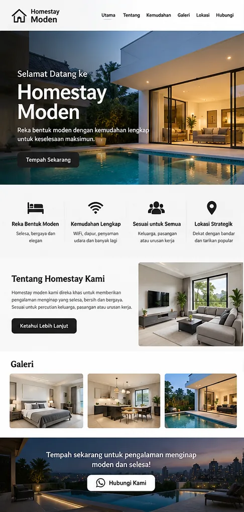 Contoh gaya Moden: website homestay moden dengan warna putih dan gelap