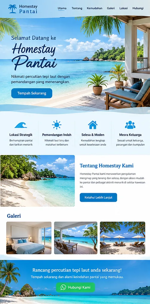 Contoh gaya Pantai: website homestay tepi laut dengan warna biru dan putih