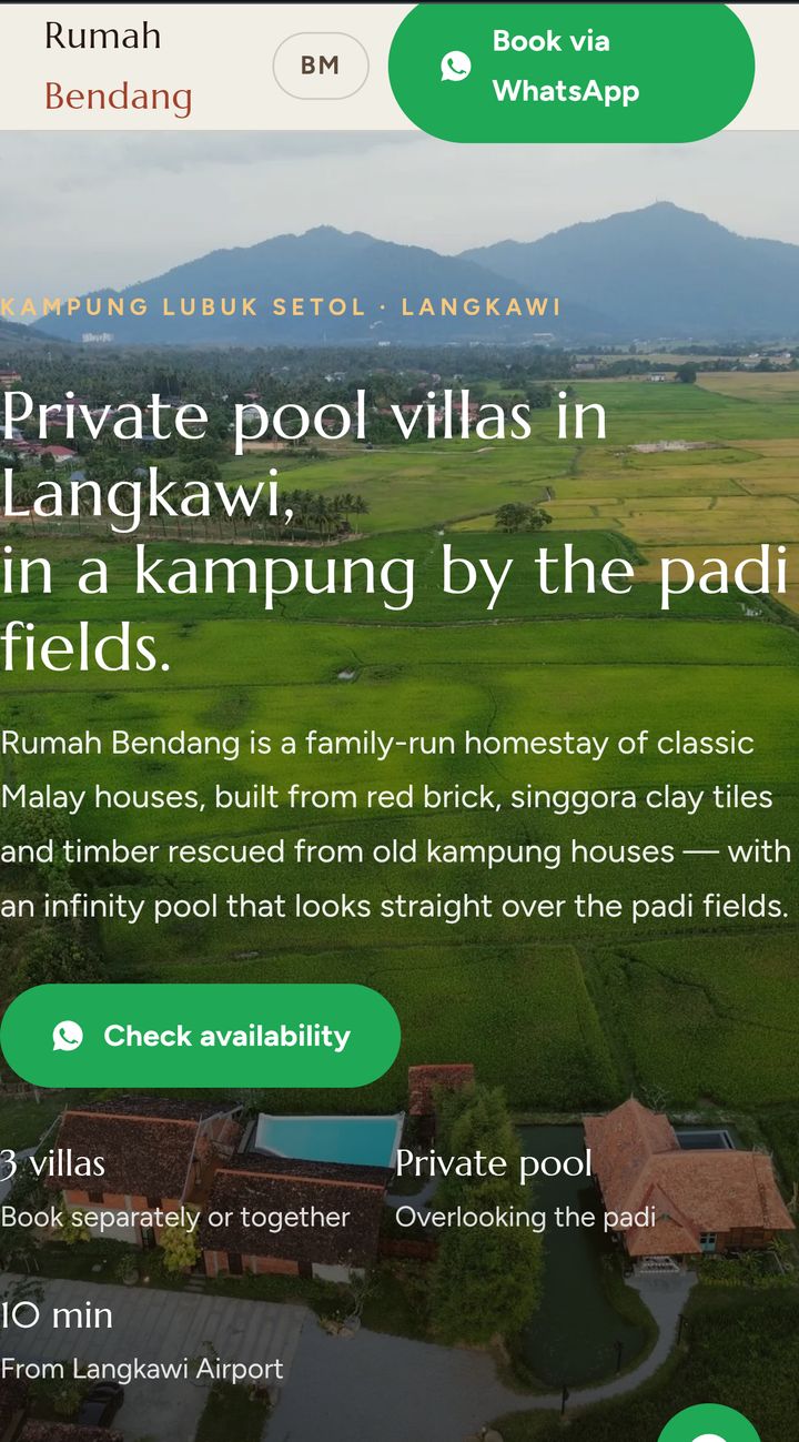 Website Rumah Bendang Langkawi dipaparkan di telefon